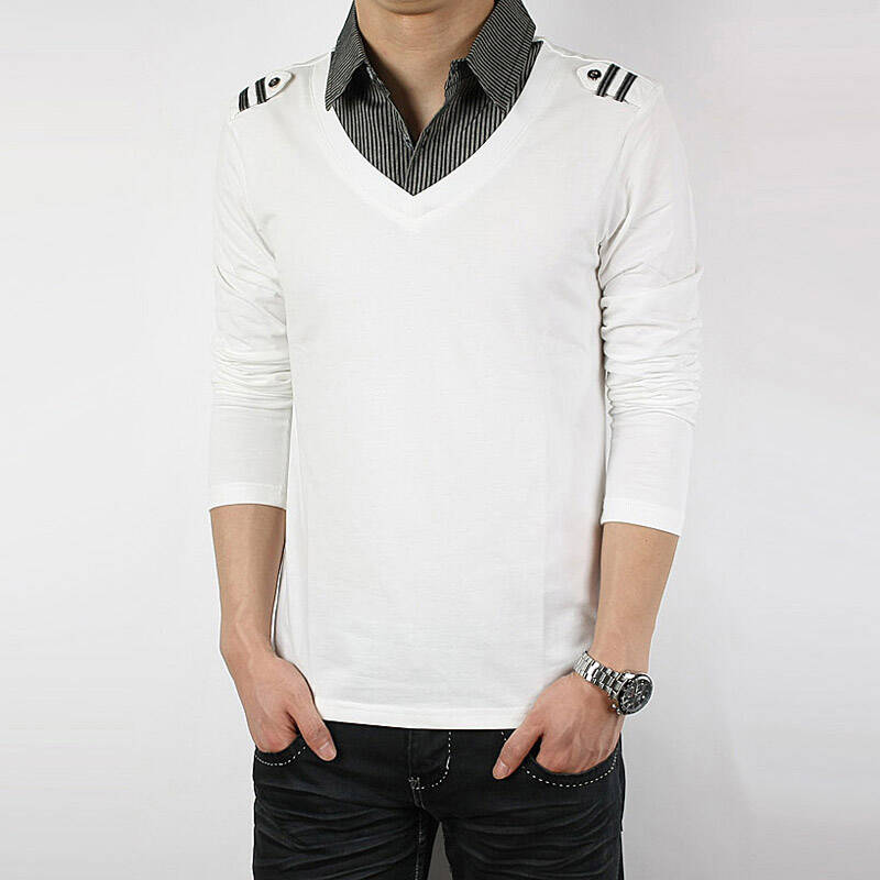 2014秋装新款 韩版潮男士肩章假两件衬衫领潮男装修身长袖t恤体恤衫