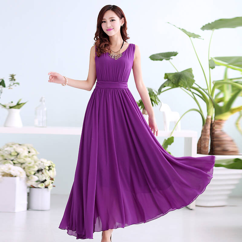 新款时尚纯色显优雅气质前后v领收腰褶皱长款雪纺连衣裙yz9803 紫色