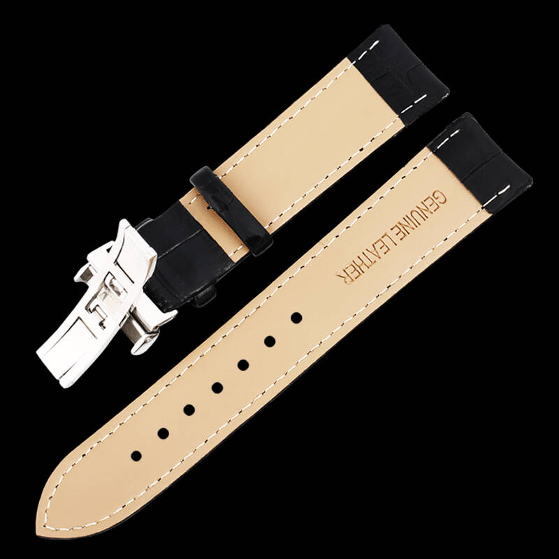 手表真皮表带男皮表带手表配件男士表带 适用多品牌 20mm蝴蝶扣黑皮