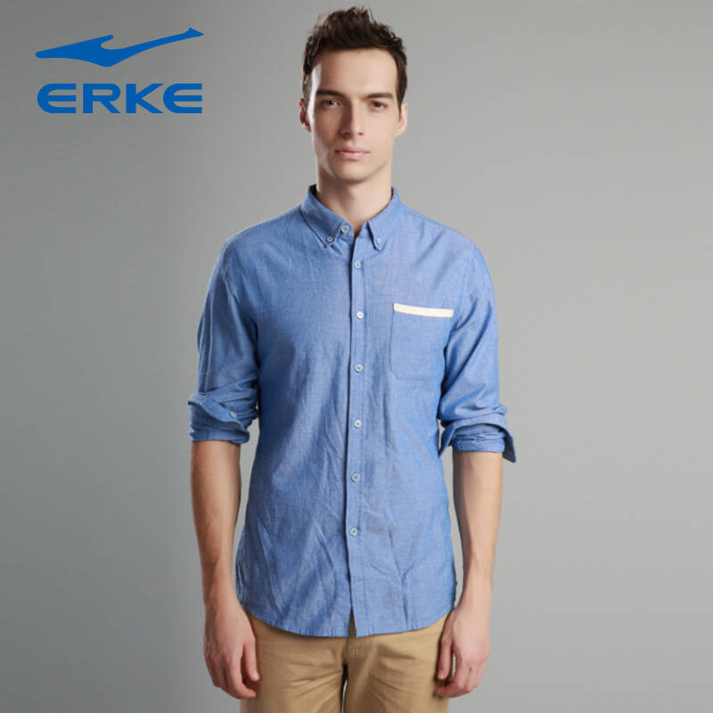 鸿星尔克erke2014正品男装 男都市休闲条纹撞色长袖衬衫11214105402