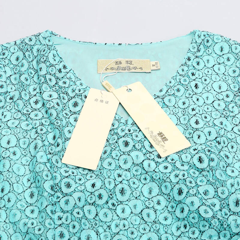 缇韩版2014夏季新款小清新显瘦礼服裙短袖蕾丝刺绣连衣裙74215 碧青色