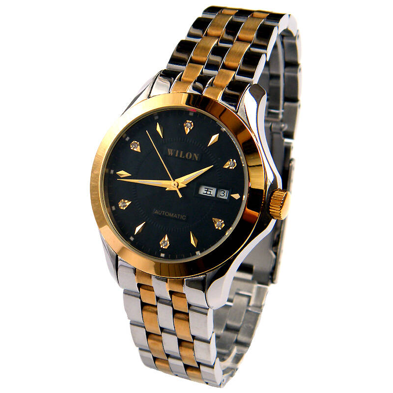 威龙(wilon)自动机械表实心钢全钢星期日历商务男表5027间金 黑面间金