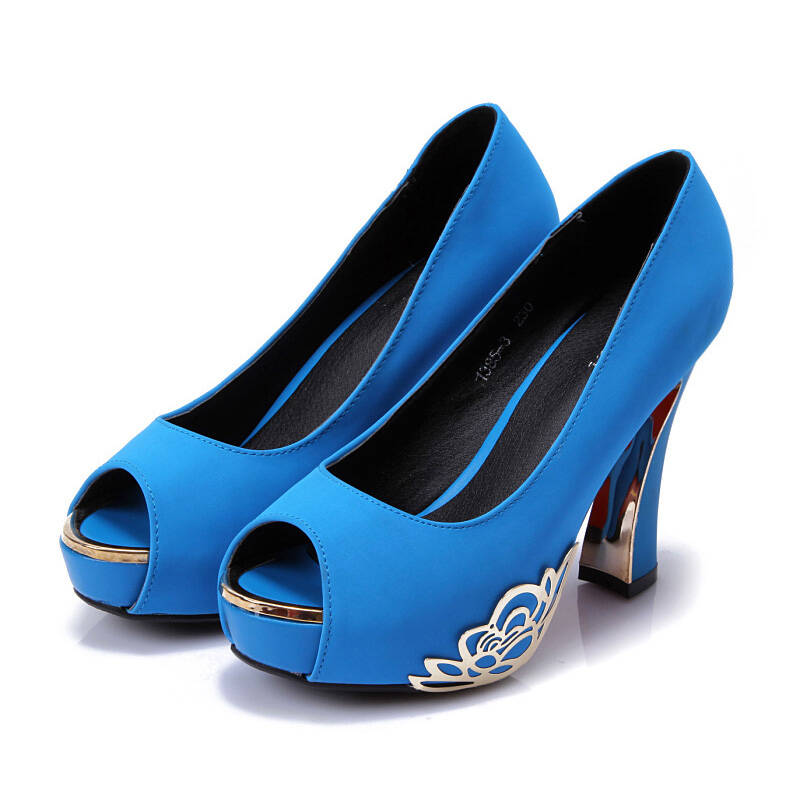 派迷恩 水台鱼嘴鞋高跟鞋凉鞋单鞋亮片金属真皮反绒 1385-3 蓝色 35