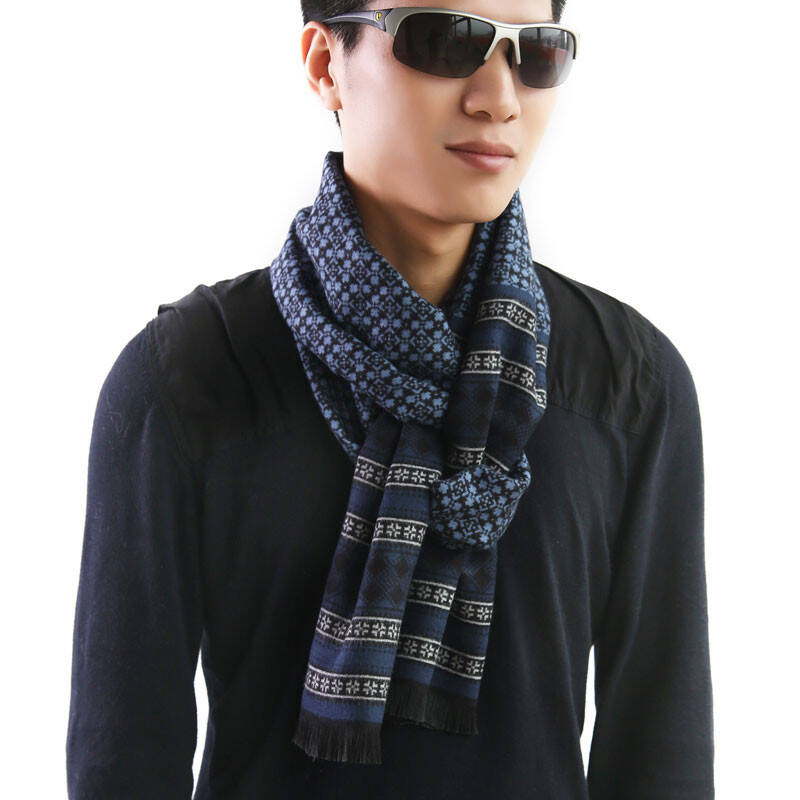 迷人微笑 新款秋冬季韩国版男士木纤维十字纹拉绒围巾 蓝色