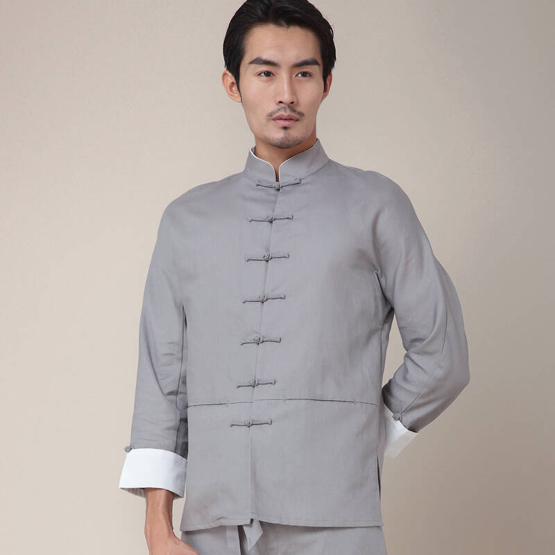 柒唐中国功夫唐装男长袖 中式棉麻传统休闲衬衣 民族外套盘扣立领功夫