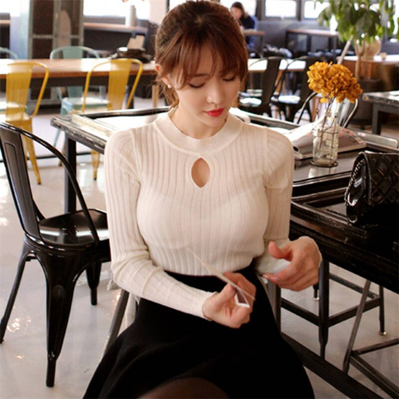 瓯丝米旎2014新款春秋装韩版女装百搭漏胸修身打底针织衫长袖圆领
