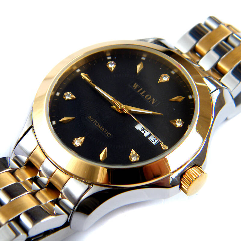 威龙(wilon)自动机械表实心钢全钢星期日历商务男表5027间金 黑面间金