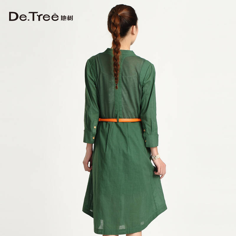 detree地树 2014春装新款女装中袖v领连衣裙文艺棉麻长裙2411203 草绿