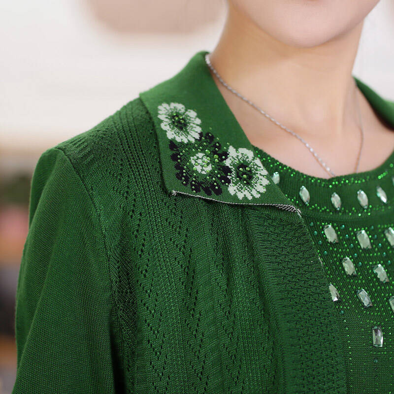 一塘晨 2013秋季新款女装 纯色印花镶钻长袖假两件针织衫080005 绿色