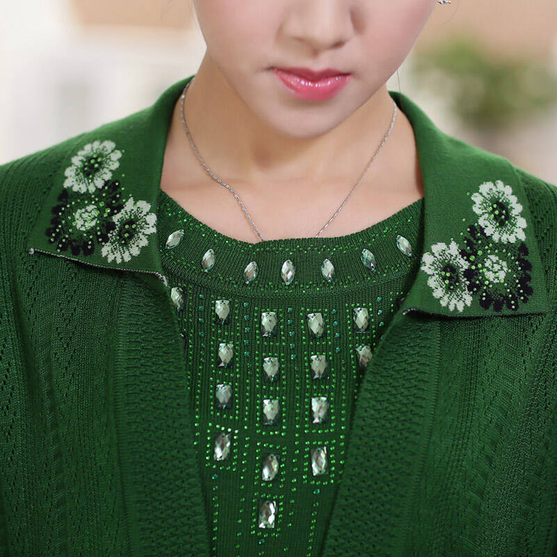 一塘晨 2013秋季新款女装 纯色印花镶钻长袖假两件针织衫080005 绿色