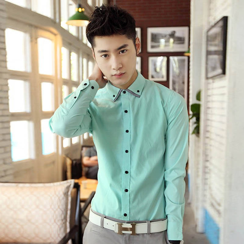 lys 2014春夏新款 韩版修身休闲长袖衬衫 男士黑白格子撞色衬衣男寸衣