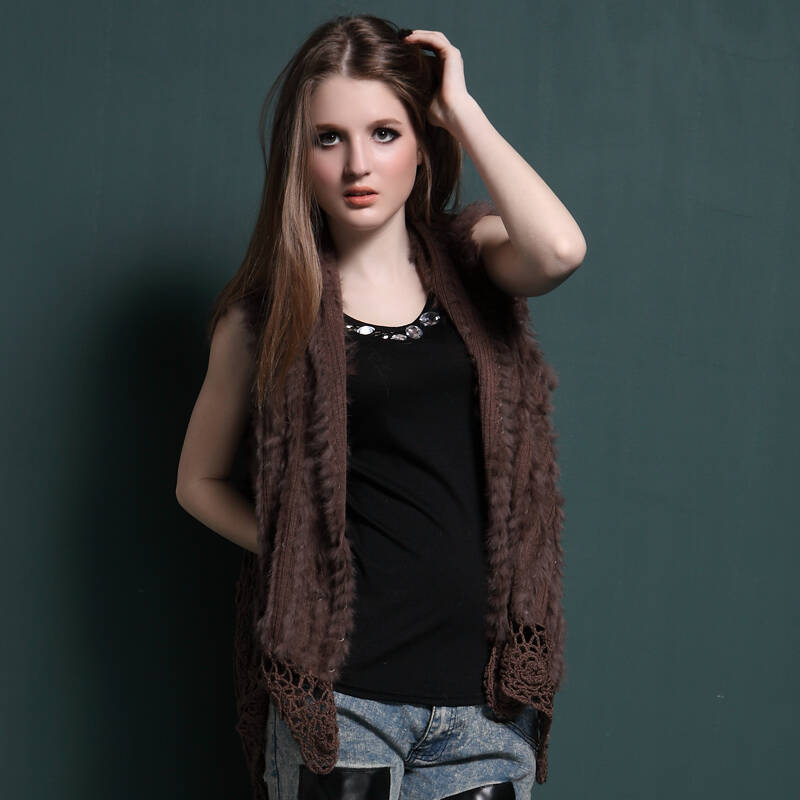 2014春季上新 兔子毛皮针织玫瑰鲜花披肩外套 深咖色 均码