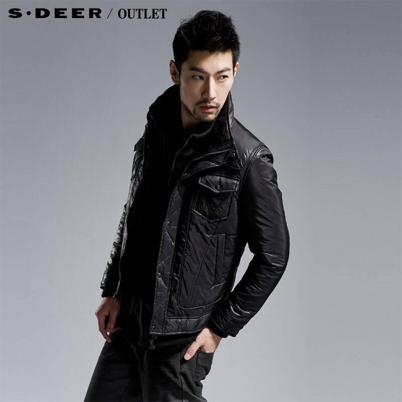 圣迪奥sdeer男装冬装帅气拼接短款假两件棉服1472385 黑色/91 s(165