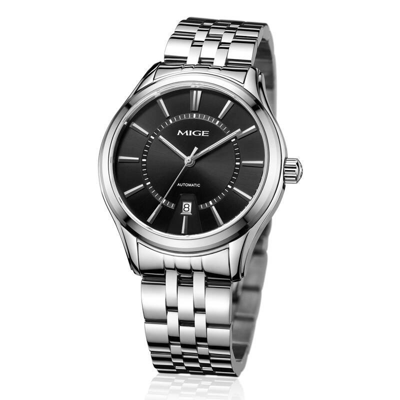 米格mige表 商务休闲时尚 高级全自动机械表 单历50米防水表1213 黑面