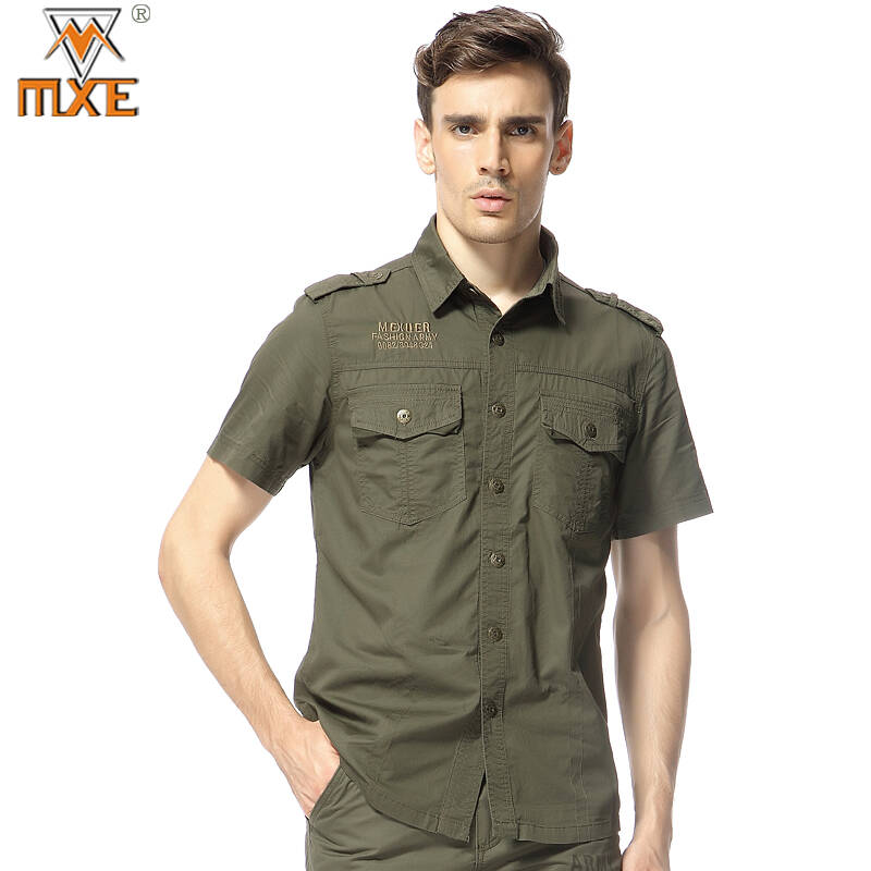 梦绚尔mxe男士英伦风军装全棉衬衣 男款军绿色工装宽松纯色夏短袖衬衫