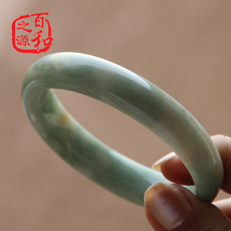 百和之源 天然a货老坑种翡翠 糯种三色飘花手镯 61mm