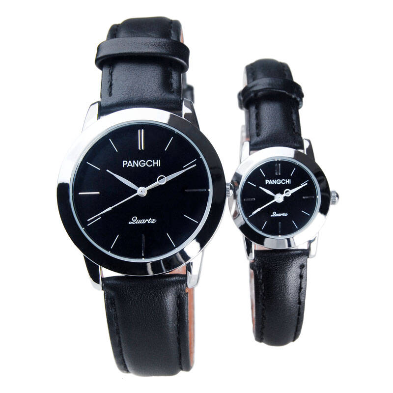 鹏志(pangchi)简约情侣手表 真皮表带石英情侣对表2227 黑带黑面一对