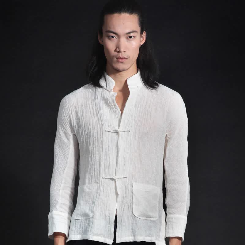 柒唐中国风武侠古典时尚 肌理亚麻春夏唐装男长袖上衣 休闲立领中式