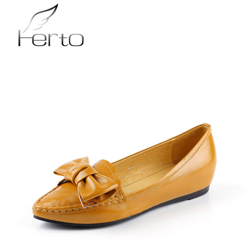 ferto菲尔图 正品真皮 牛皮尖头浅口内增高单鞋舒适真皮新品女鞋 黄色