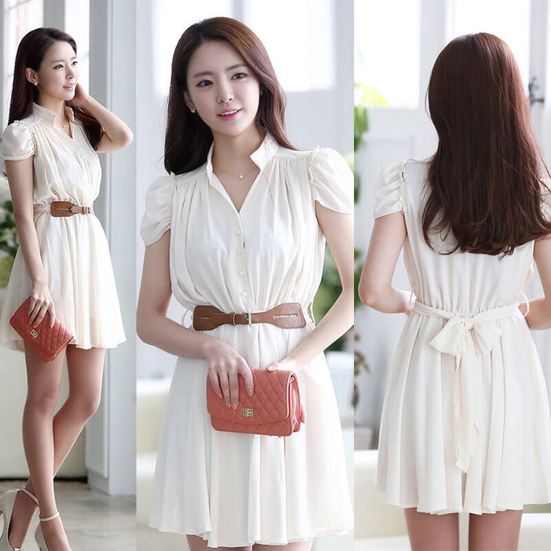 淑女阁 韩版夏装 时尚修身女装雪纺连衣裙|yh13-800 象牙色 s(送腰带)