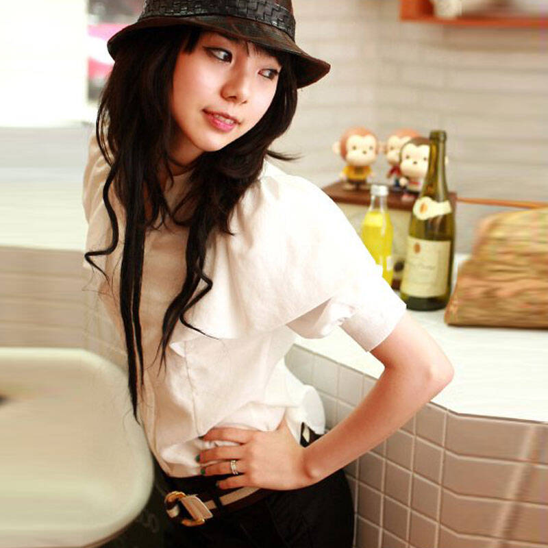 沙菲利2014夏装新款 韩版女人味雪纺荷叶袖立领短袖衬衫衬衣女x8192