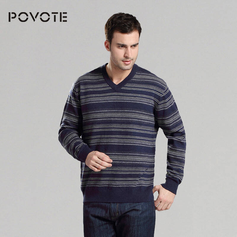 2013秋冬新款 povote犀牛中老年男士羊毛衫条纹加厚v领毛衣 夹条蓝色