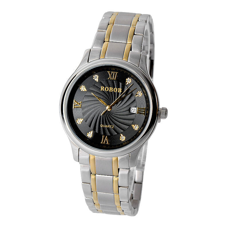 罗宾robob 商务双日历男表罗马数字夜光刻度手表 6009介金黑底男款