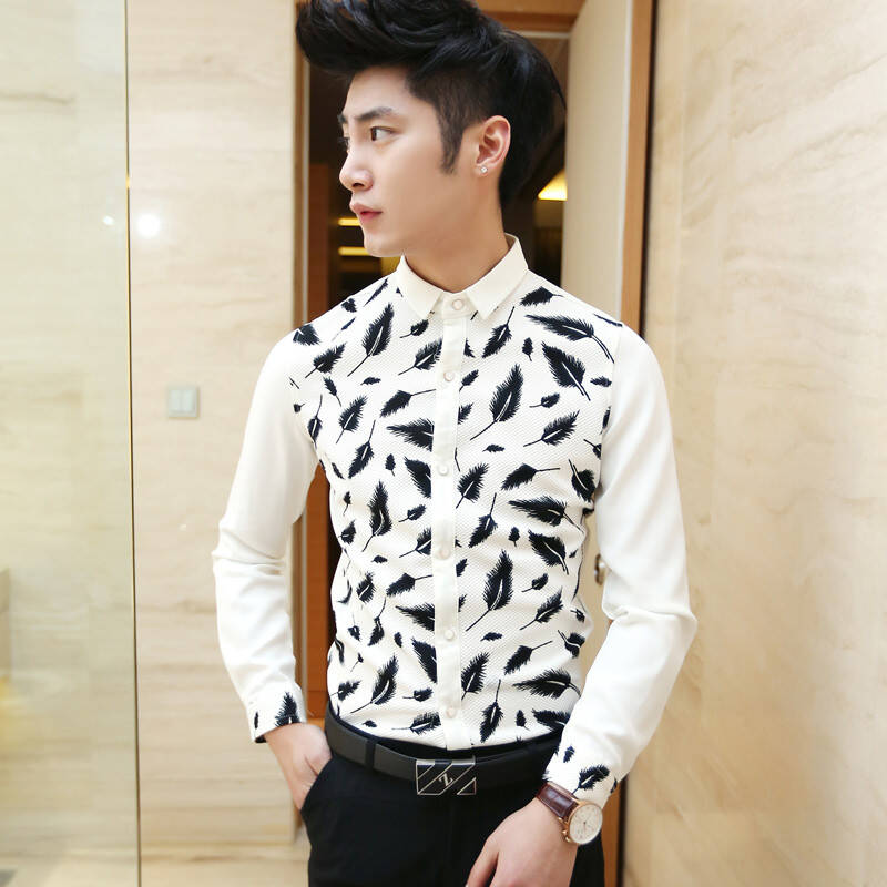 ldb 2014新款时尚印花男士长袖衬衫韩版男装修身男衬衣百搭男衬衫潮寸