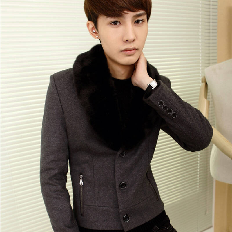 【支持货到付款】欧伦尚韩版大毛领加绒加厚毛呢西装大毛领西装男潮流