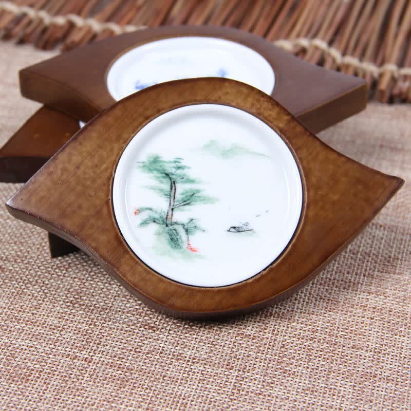 水善品 天然木质镶陶瓷功夫茶具茶道配件 纯手工彩绘