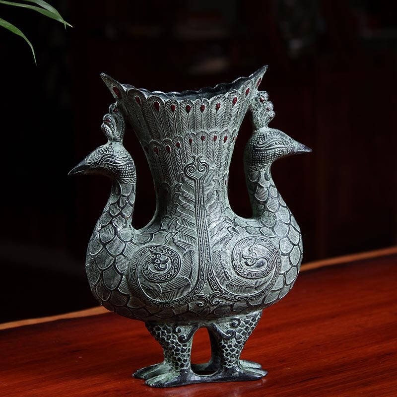 上善若水 仿古青铜摆件 青铜双凤杯酒樽吉祥如意鸟尊古玩工艺品1258