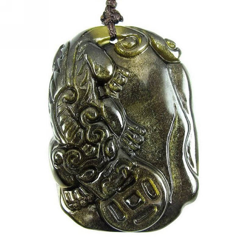 相石缘 石来运转 天然水晶金黑曜石叼钱貔貅吊坠项链 男女附鉴定