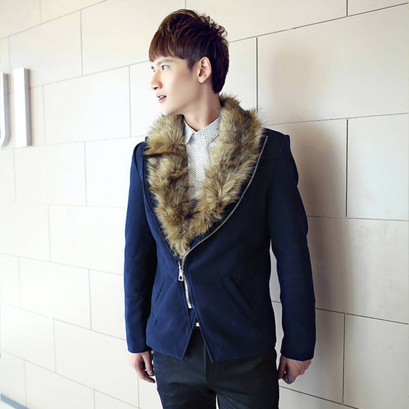 秋冬季韩版男装修身男士夹克衫 男士休闲呢外套 时尚带毛领男夹克潮