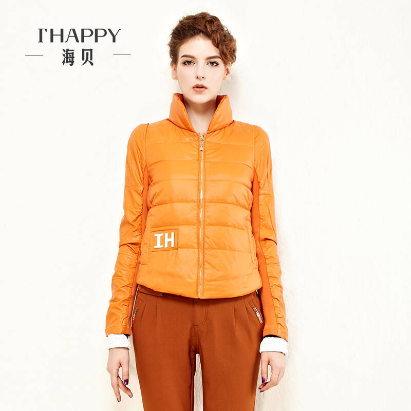 海贝秋冬装新款女装短款羽绒服拼接皮质针织垫肩常规款羽绒衣外套保暖