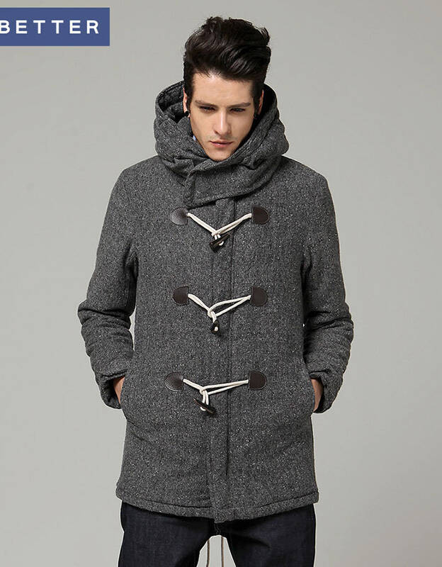 lilbetter冬新款男装英伦时尚修身休闲呢料长款棉大衣风衣外套男 咖啡