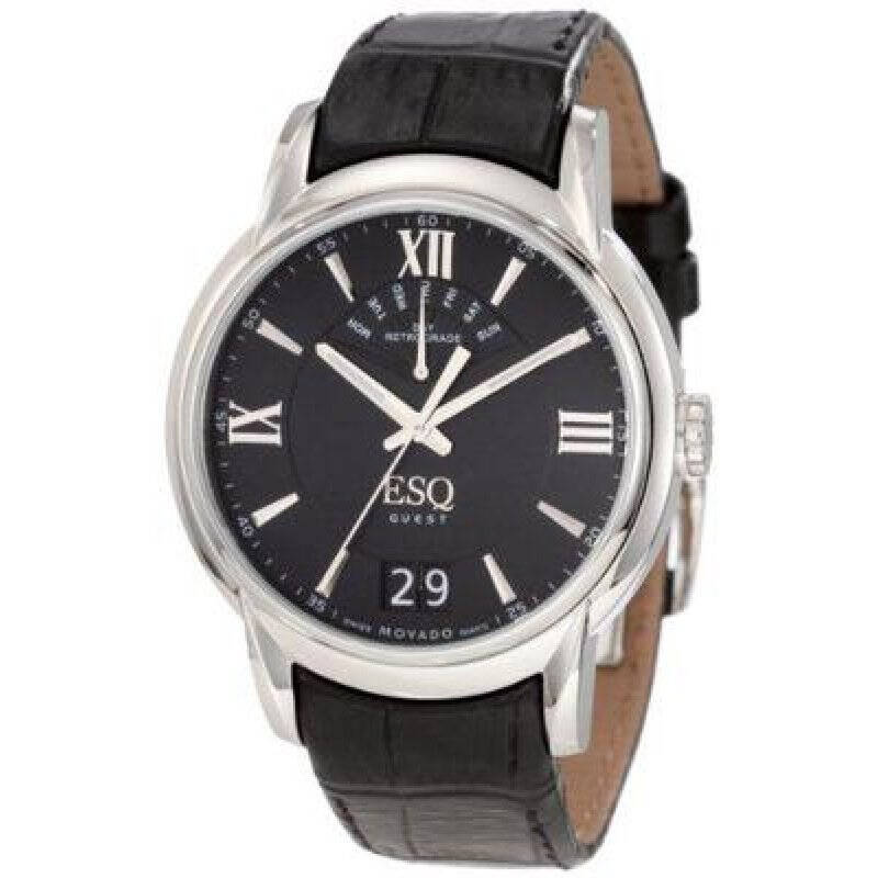 esq by movado 摩凡陀 男士休闲皮革带石英表 黑色