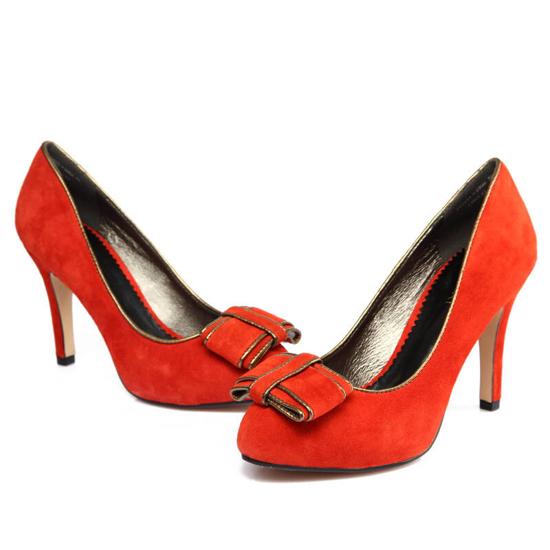 kisscat 羊反绒通勤ol蝴蝶结超高跟细跟单鞋k33551-03qa 浅橙红色 37