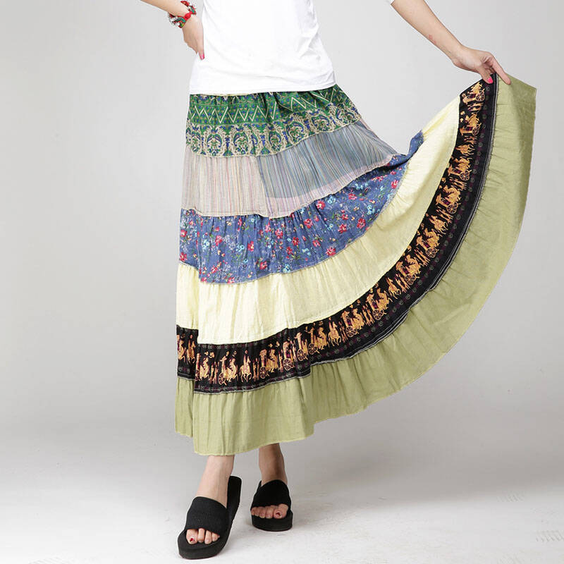 维肯viewaken 女半身裙 多拼多节裙 棉麻 夏装 图片色 裙长91cm 腰围