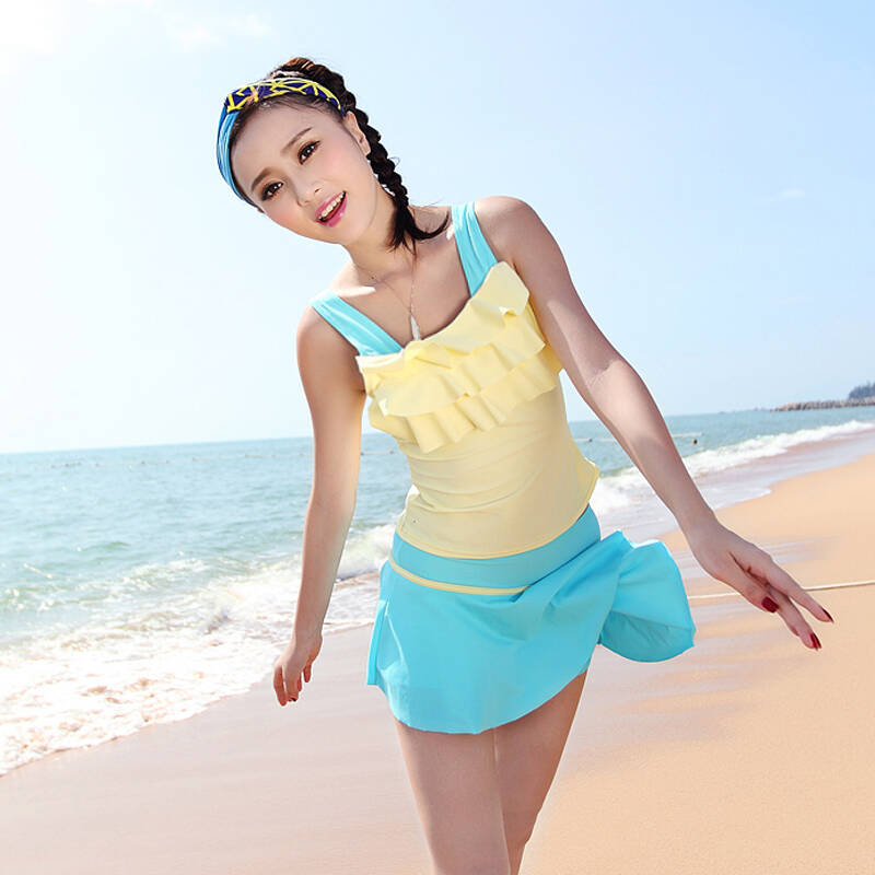 海波特 韩版甜美少女平角泳衣裙式连体女士保守温泉高