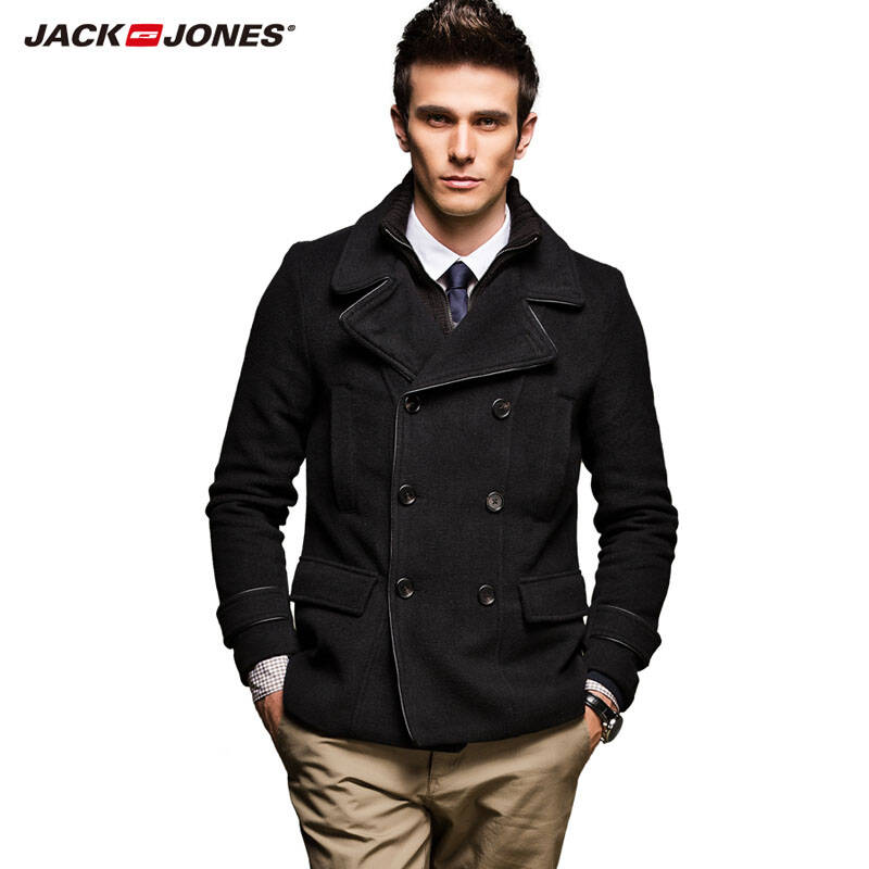 杰克琼斯jackjones商务休闲含羊毛男士短款风衣外套e