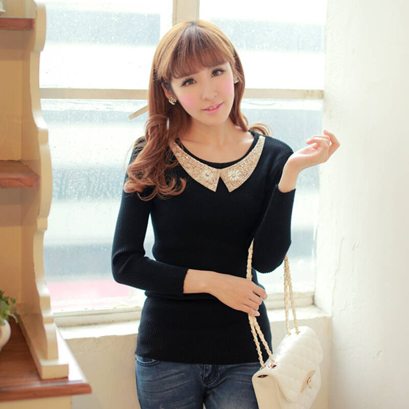 【货到付款】仙蝶莉 新款长袖长款潮金领打底衫毛衣女针织衫g330b