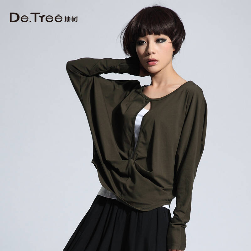 detree地树 2013新款女装蝙蝠袖两件套长袖t恤韩版针织衫2230243 黑色