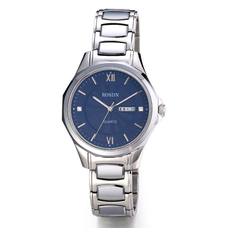 劳士顿(rosdn)石英表男士手表3106双日历间钨钢情侣对表防水男表 钢带