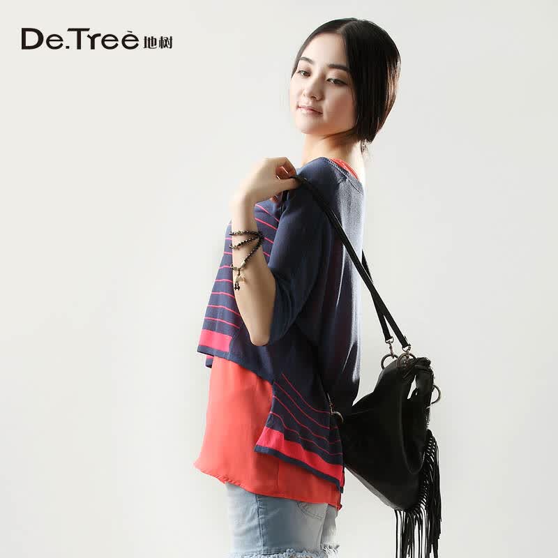 detree地树2014新款女装夏装荧光果色韩版针织雪纺两件套2420114 深