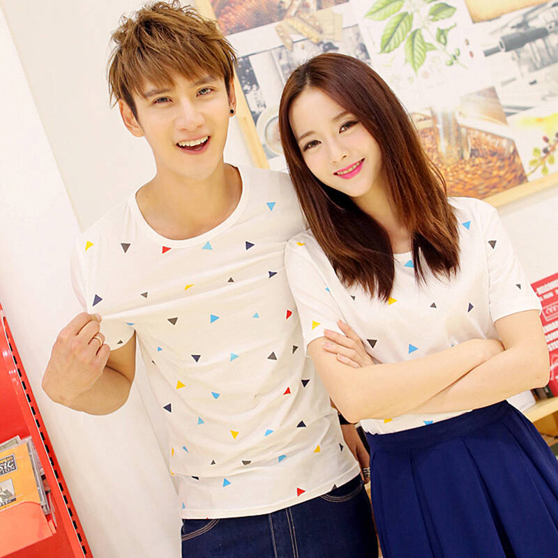 弋诗索曼2014夏季情侣款t男恤女简洁小三角几何印花