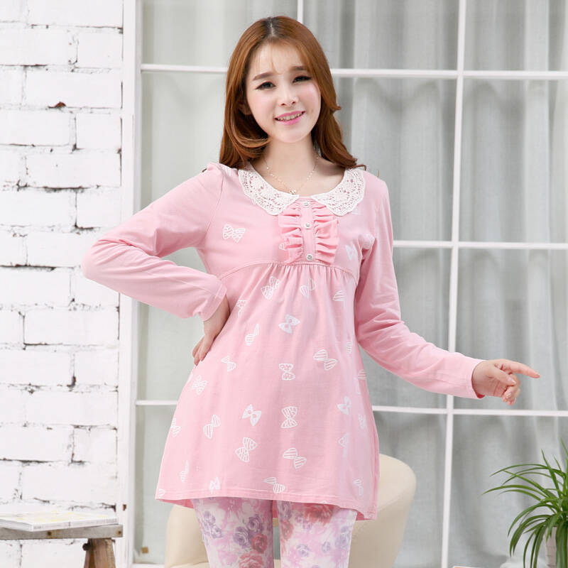 韵妈咪 孕妇春装上衣 蕾丝翻领 孕妇t恤长袖 韩版宽松 春秋长款 粉色