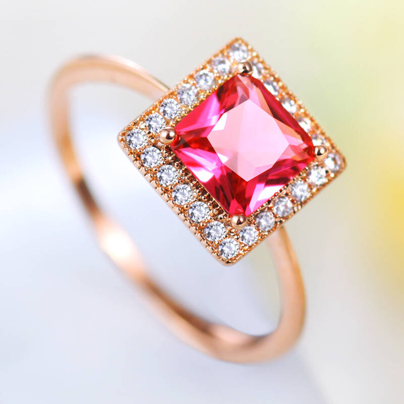 黛若正品爱若韩国时尚经典几何方形玫瑰金食指红色碧玺满钻戒指指环女