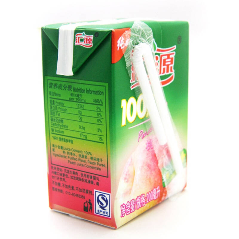汇源100%桃果汁200ml 盒装