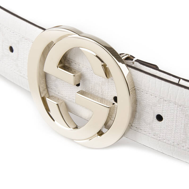 gucci(古驰) 女士经典双g扣白色织物配皮板扣皮带腰带 142930 214351