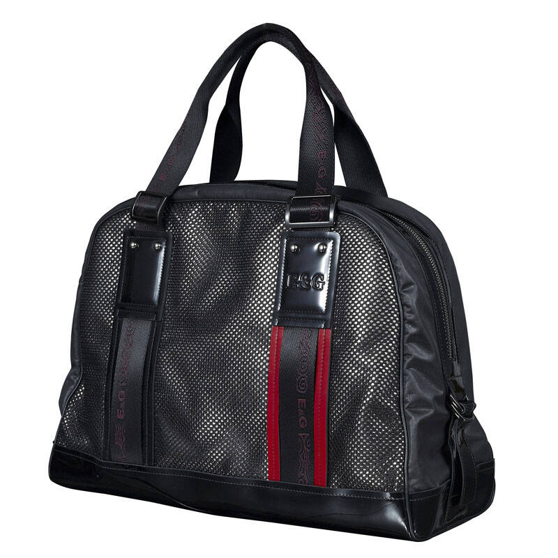 e&g易聚黑色漆皮搭配网格布料袋身轻薄男士手挽休闲男包